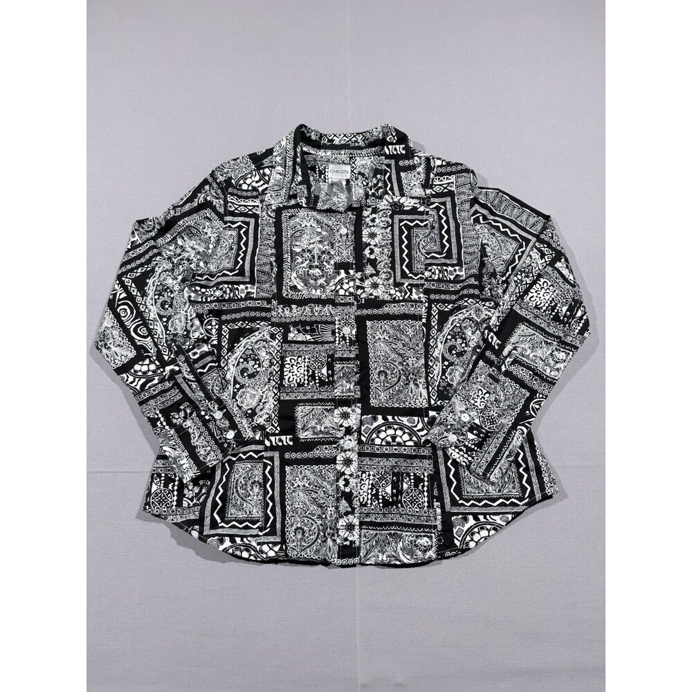 Chicos Womens Black/White Geometric Patchwork Blouse Size 2 - Picture 1 of 9